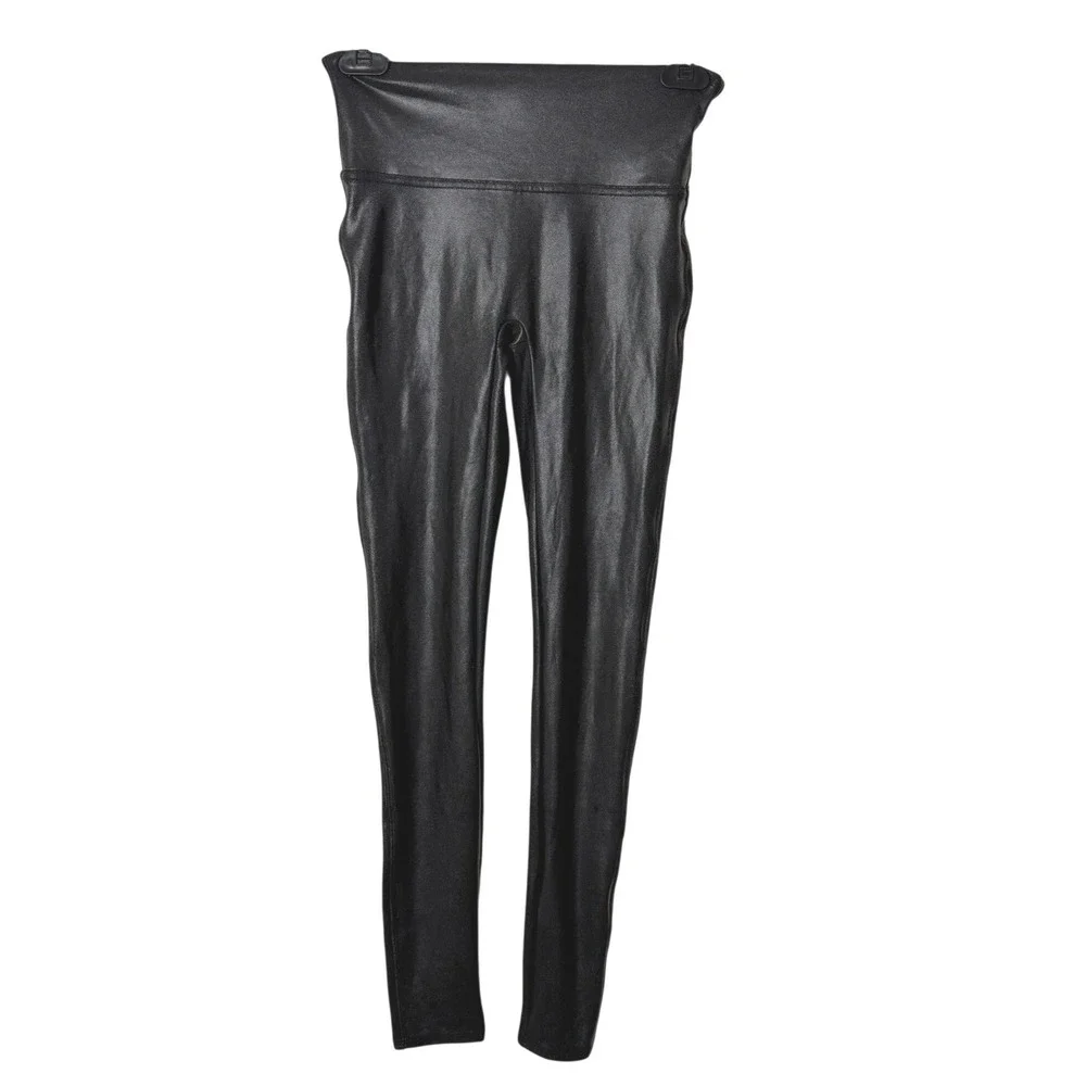 SPANX Shape Faux Leather Black Leggings‎ Womens Size S 2437 Shaping Waist